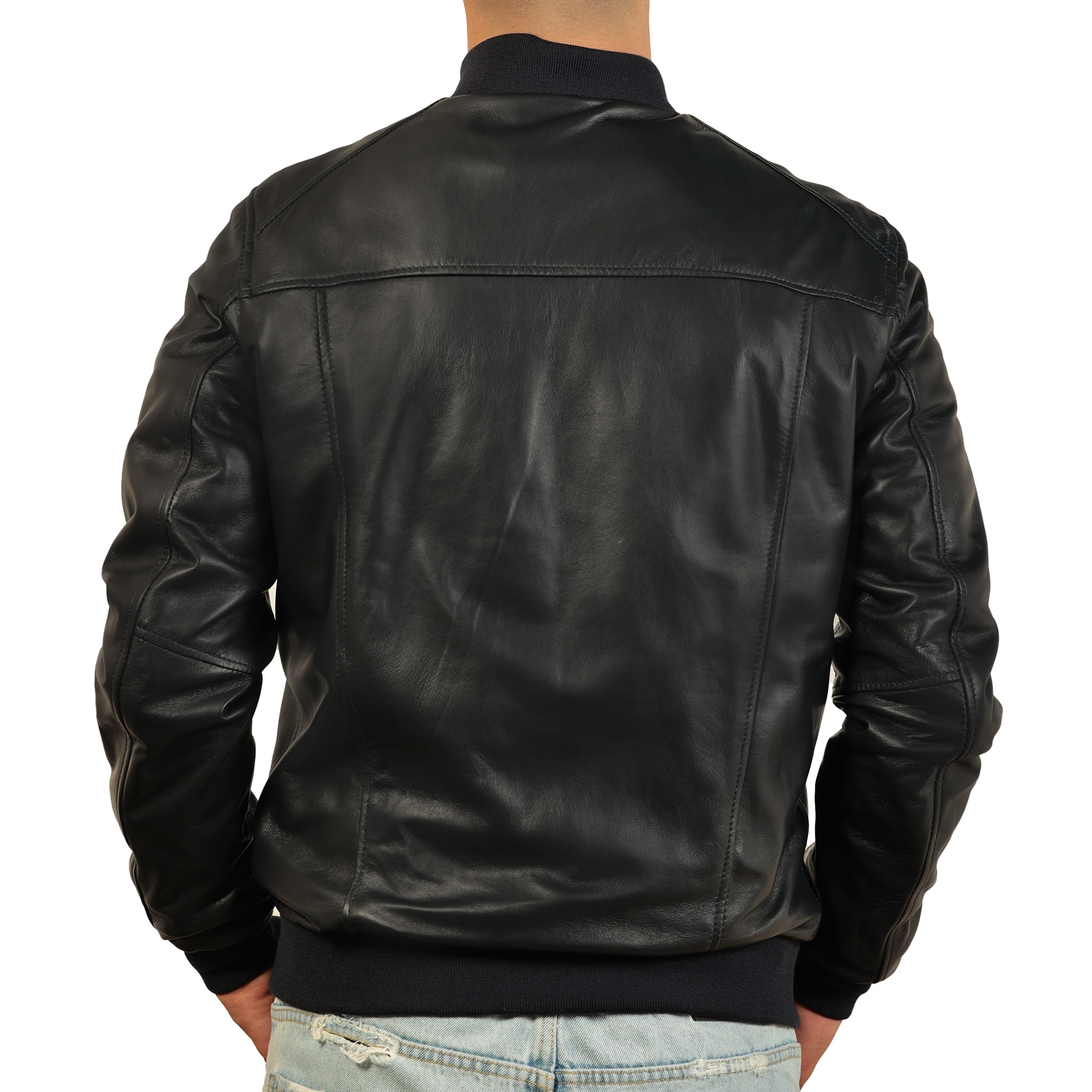 Giubbino in vera pelle di vitello foderato con trapunta invernale Blu-Slim Fit