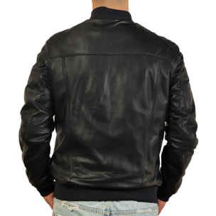 Giubbino in vera pelle di vitello foderato con trapunta invernale Blu-Slim Fit