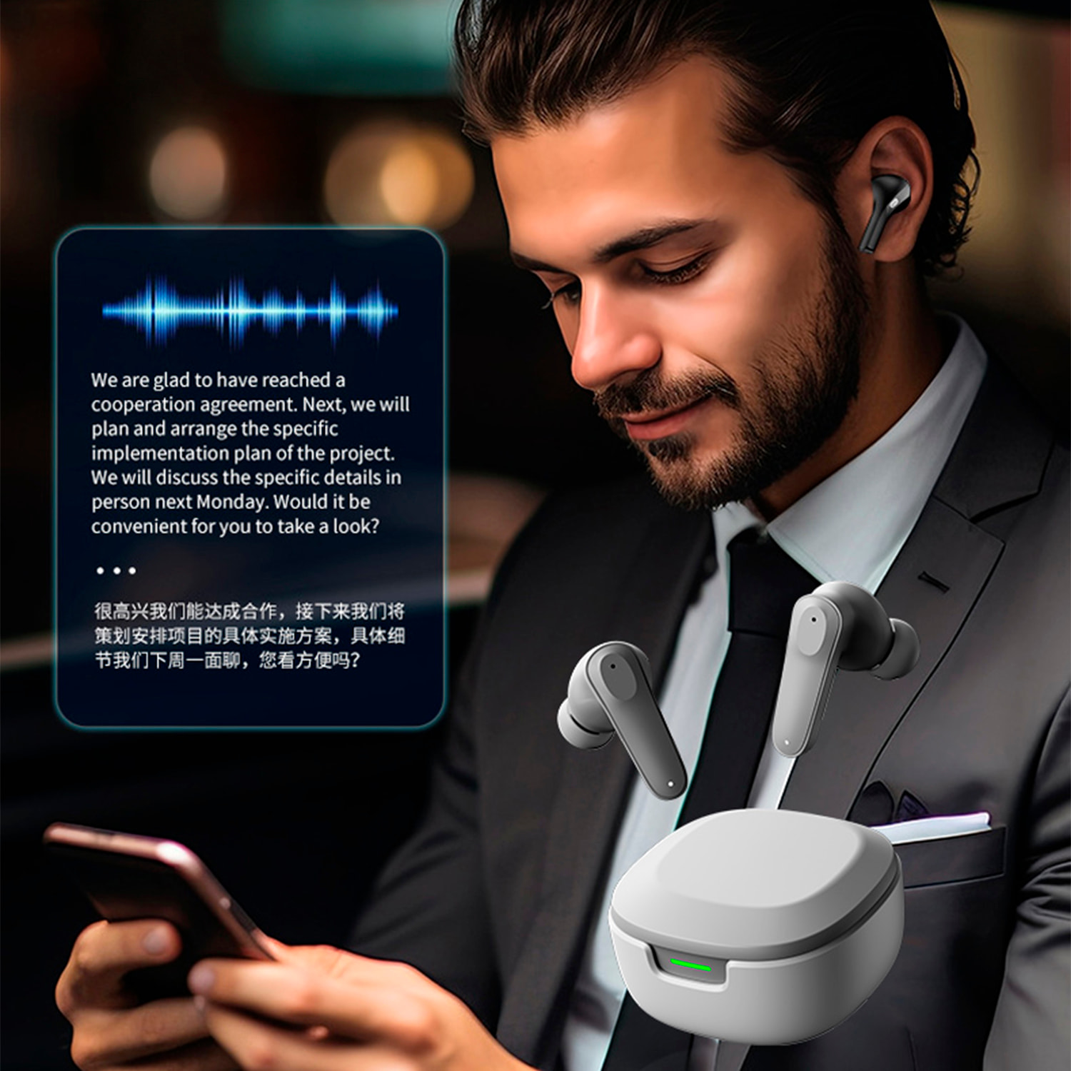 A98 Cuffie Bluetooth AI con traduttore, registrazione assistita da app.
