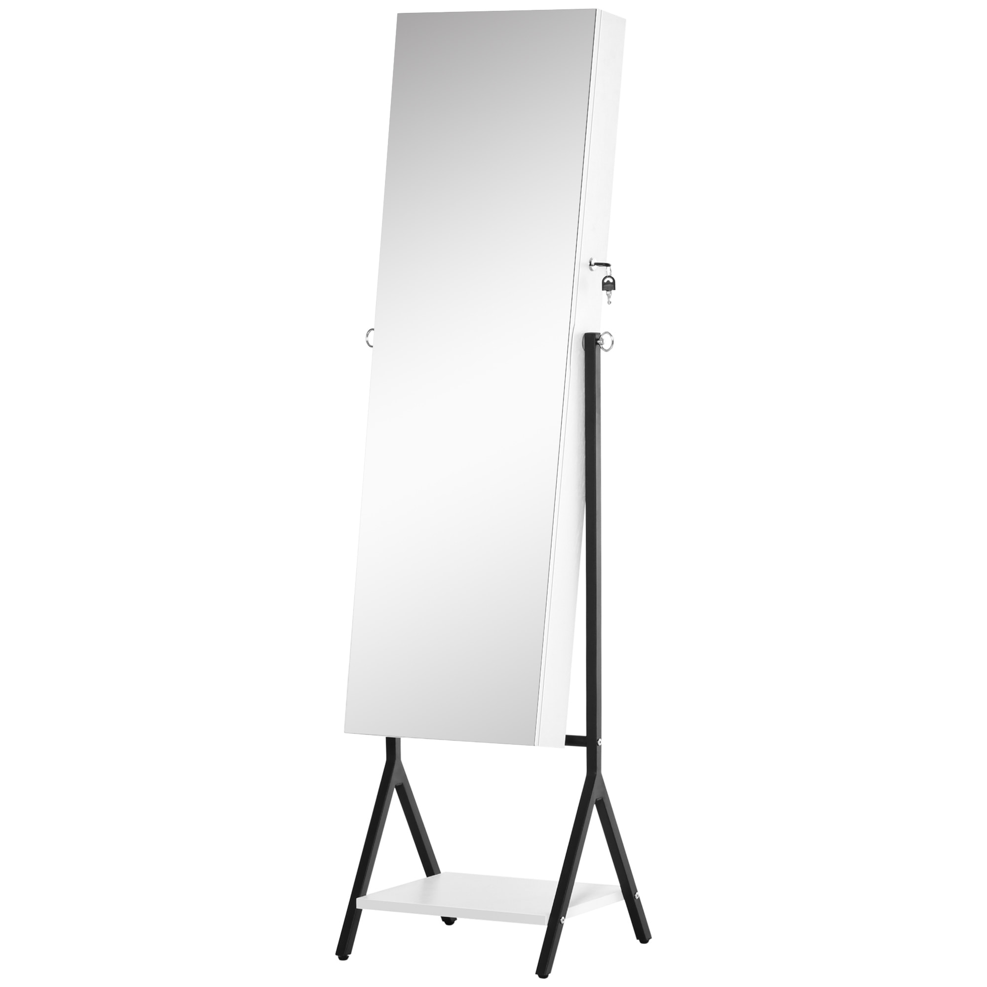 HOMCOM Espejo Joyero de Pie Cuerpo Entero Ajustable en ángulo Armario de Joyería con Estante Inferior Cerradura Magnética Ranuras y Cajas para Joyas 47x36x157 cm Blanco y Negro