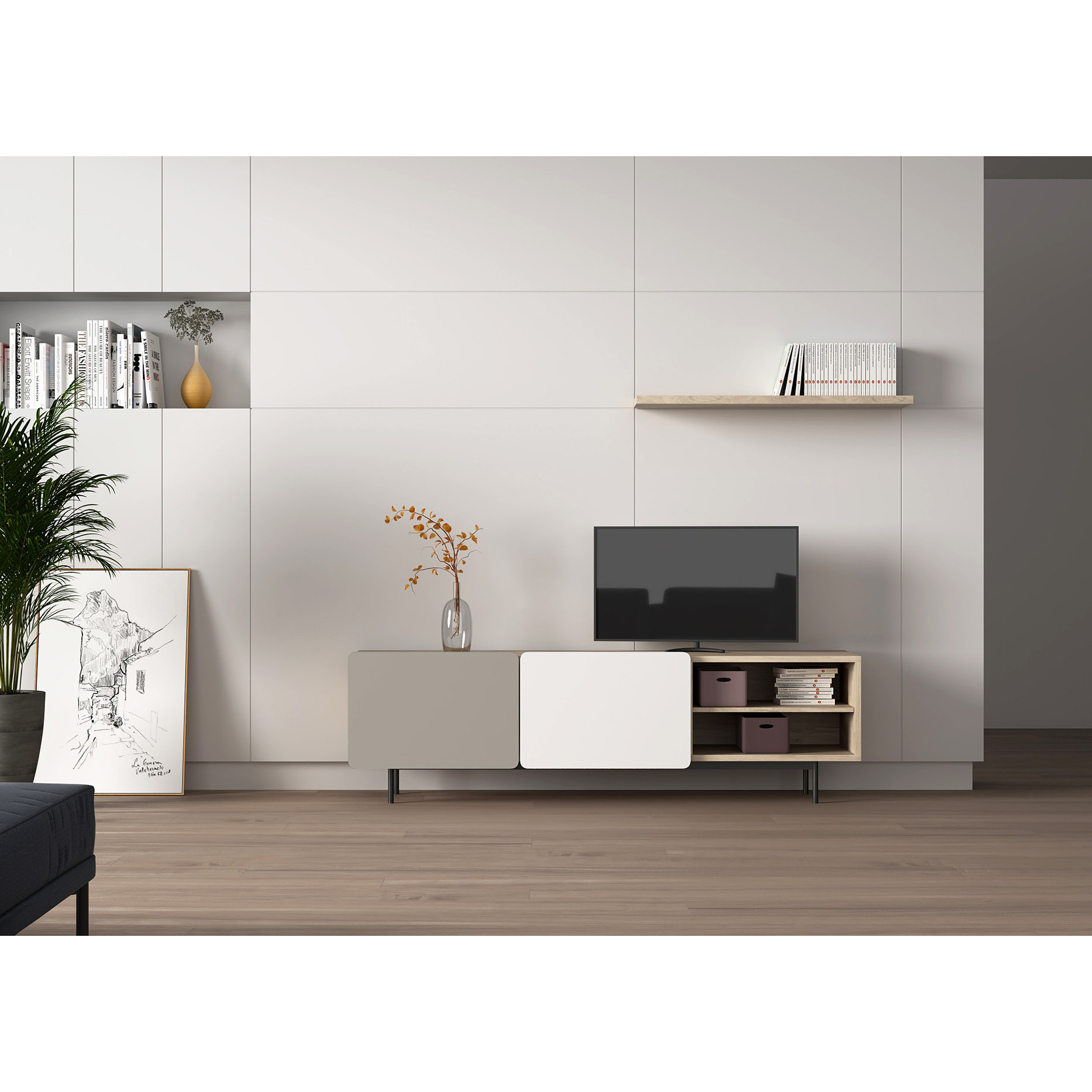 Bajo tv Biscuit roble-arena-blanco 54x180x44 cm