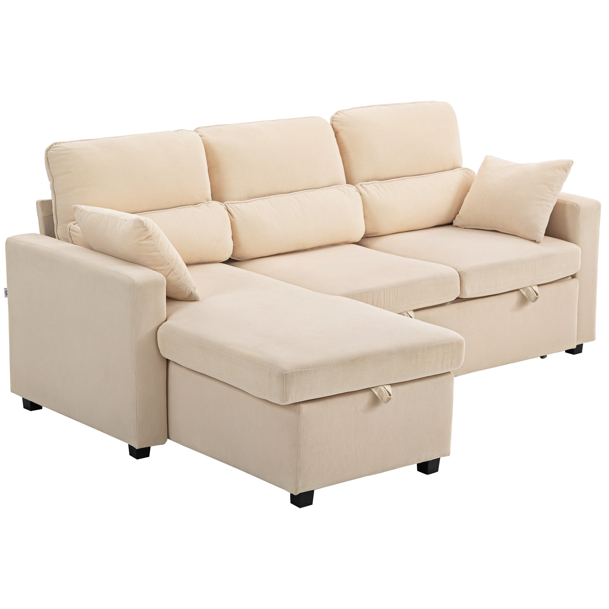 Canapé d'angle convertible velours côtelé avec coffre de rangement dim. 205x135x76cm beige