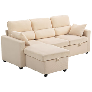 Canapé d'angle convertible velours côtelé avec coffre de rangement dim. 205x135x76cm beige