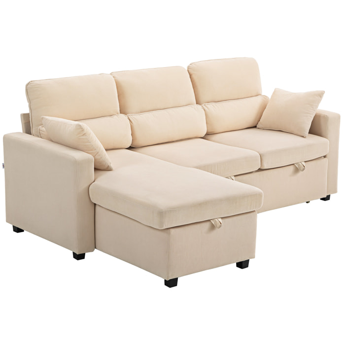 Canapé d'angle convertible velours côtelé avec coffre de rangement dim. 205x135x76cm beige