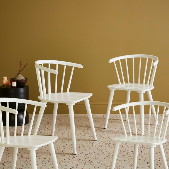 Lot de 4 chaises blanches à barreaux en bois et contreplaqué. Paula. L 51 x P 53 x H 75cm