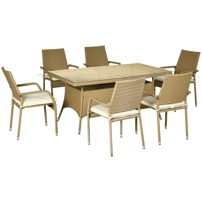 Conjunto de Muebles de Ratán PE Juego de Comedor de Jardín 7 Piezas Mesa de Centro con Tablero de Vidrio y 6 Sillas Apilables con Cojines para Terraza Patio Arena