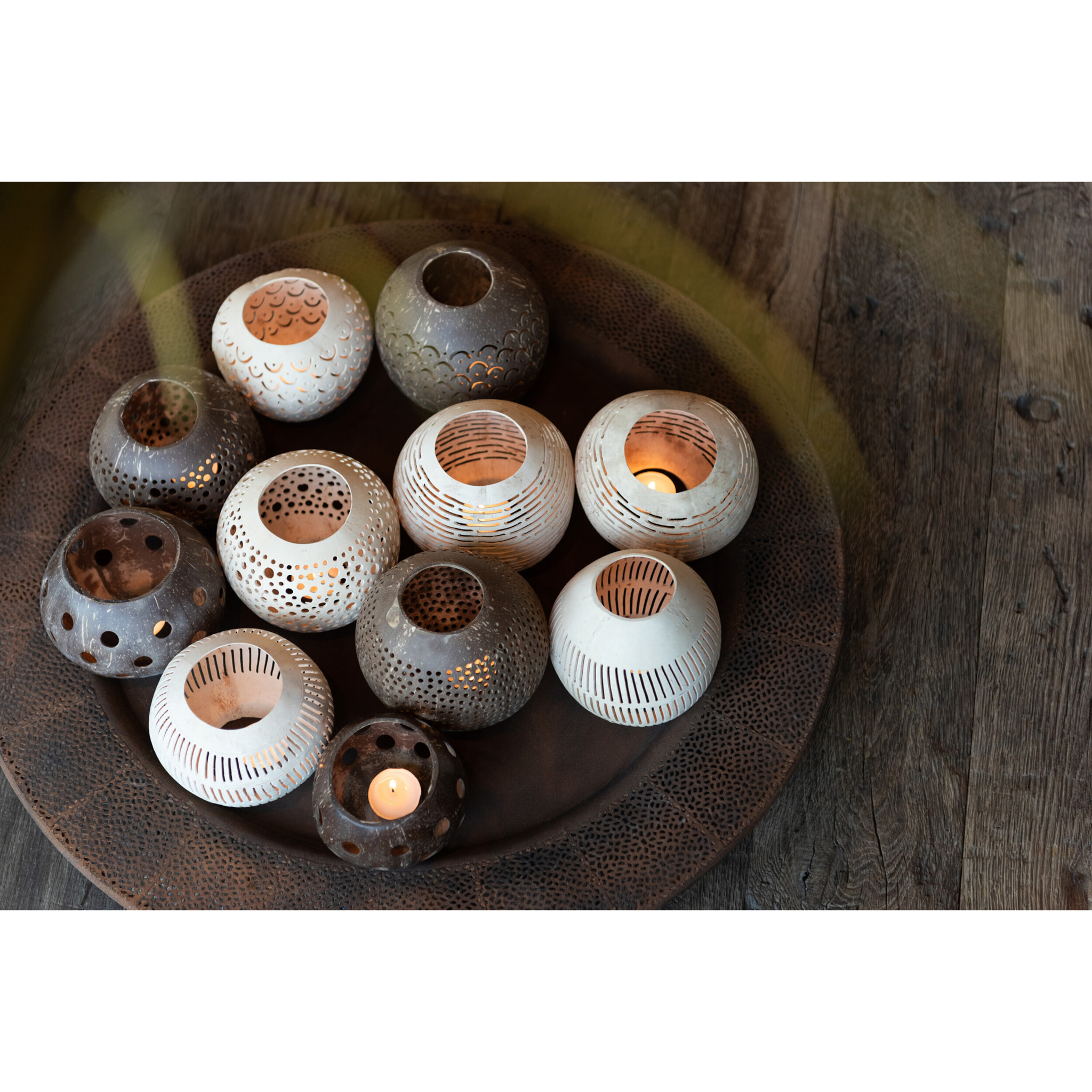 J-Line photophore Noix De Coco Lignes - rotin - naturel - 3 pièces