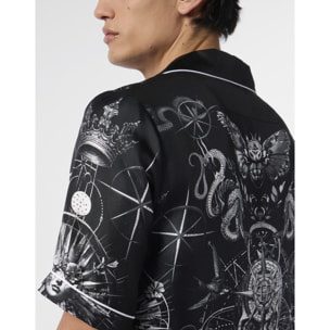 PHILIPP PLEIN Silk Bowling Shirt All-Over Tattoo