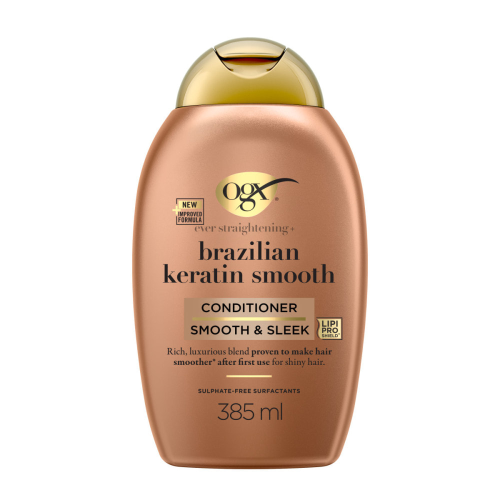 OGX Après-Shampooing Kératine Lissage Brésilien, 385ml – Soin capillaire lissant à la kératine pour des cheveux brillants – Aprè