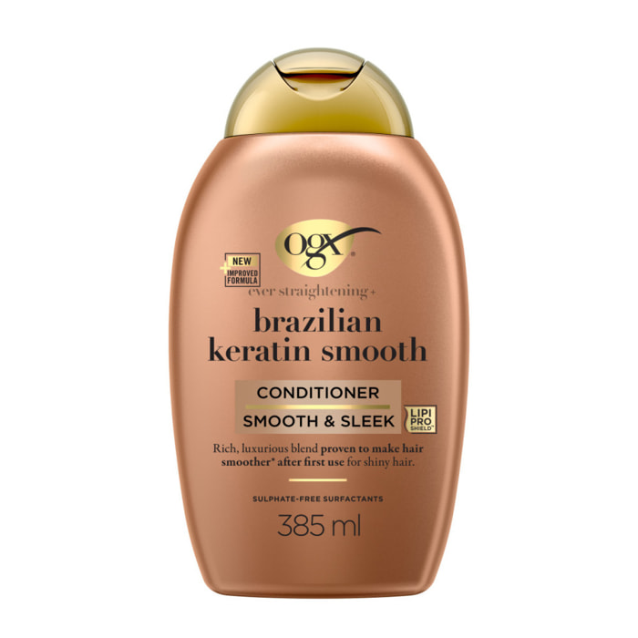 OGX Après-Shampooing Kératine Lissage Brésilien, 385ml – Soin capillaire lissant à la kératine pour des cheveux brillants – Aprè