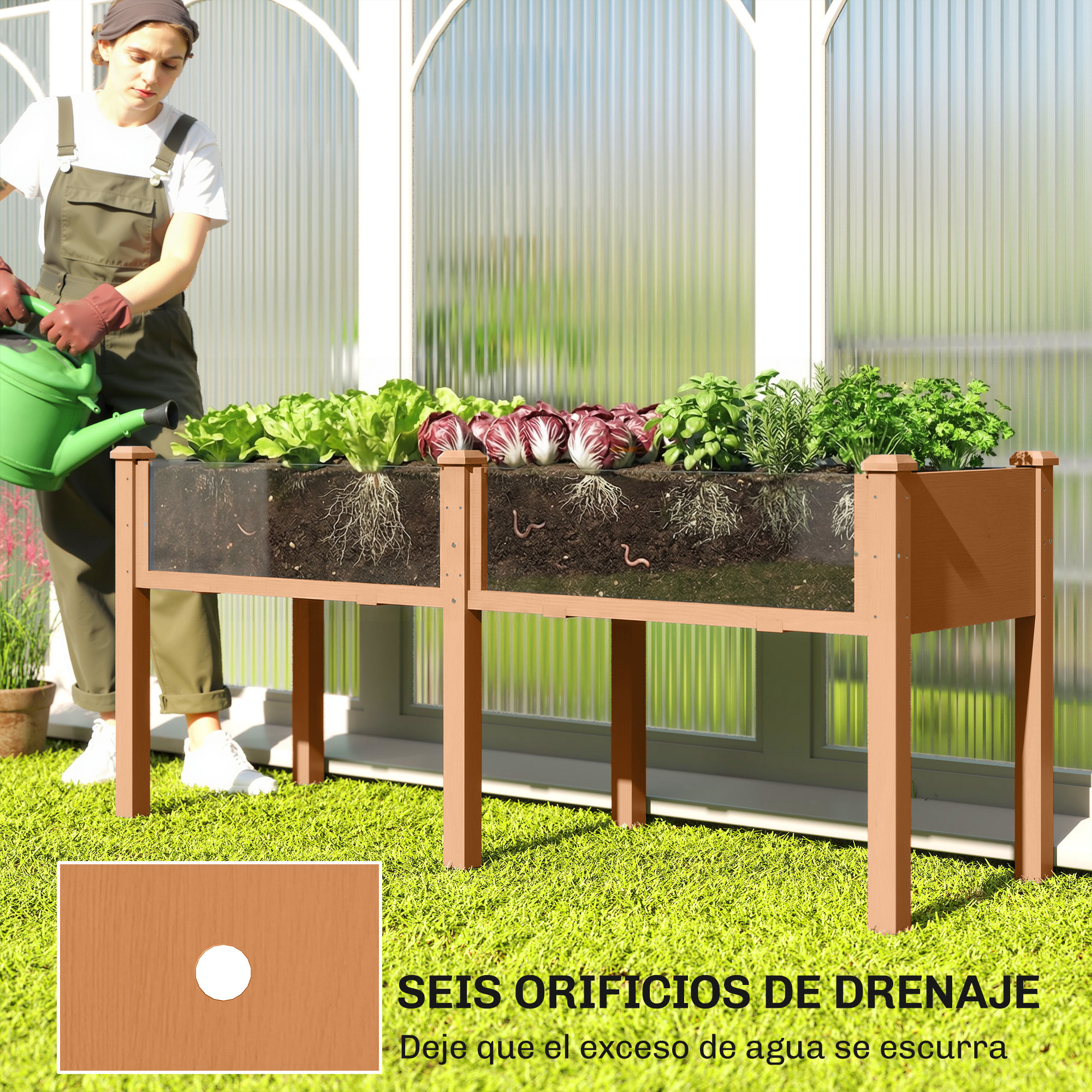 Huerto Urbano Elevado de Madera, Mesa de Cultivo con Patas, 6 Orificios de Drenaje, para Cultivo, Plantas, Flores y Verduras, 184x59x76,5 cm, Marrón