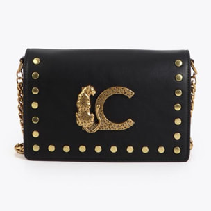 Borsa a tracolla con patta, stampa animalier LC, borchie