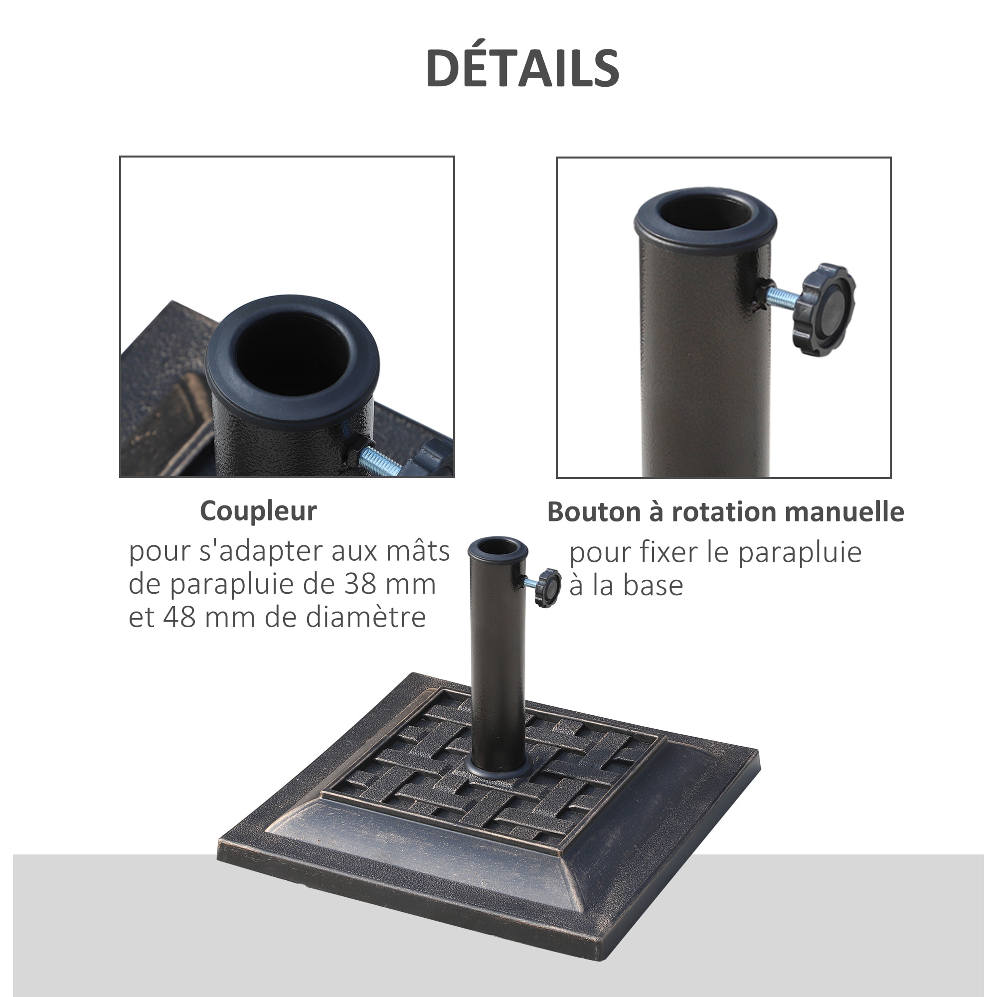 Pied de parasol résine 9 kg - pour mât de Ø 38/48 mm - 44 x 44 x 33 cm - bronze