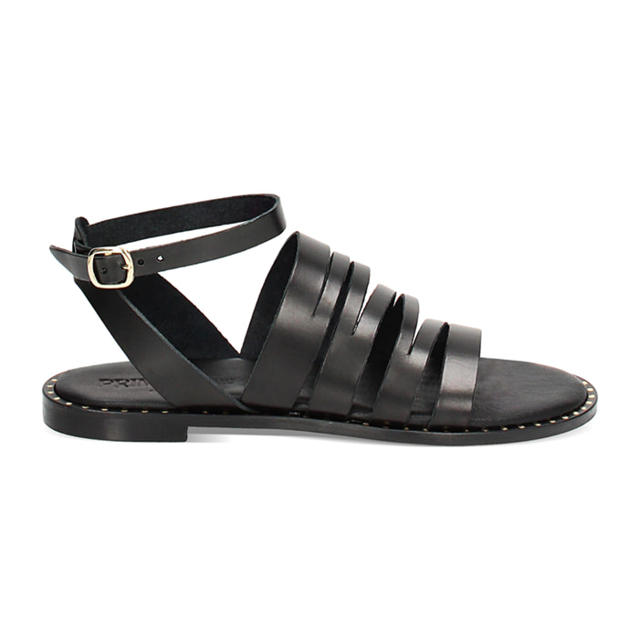 Sandalo nero in pelle con braccialetto