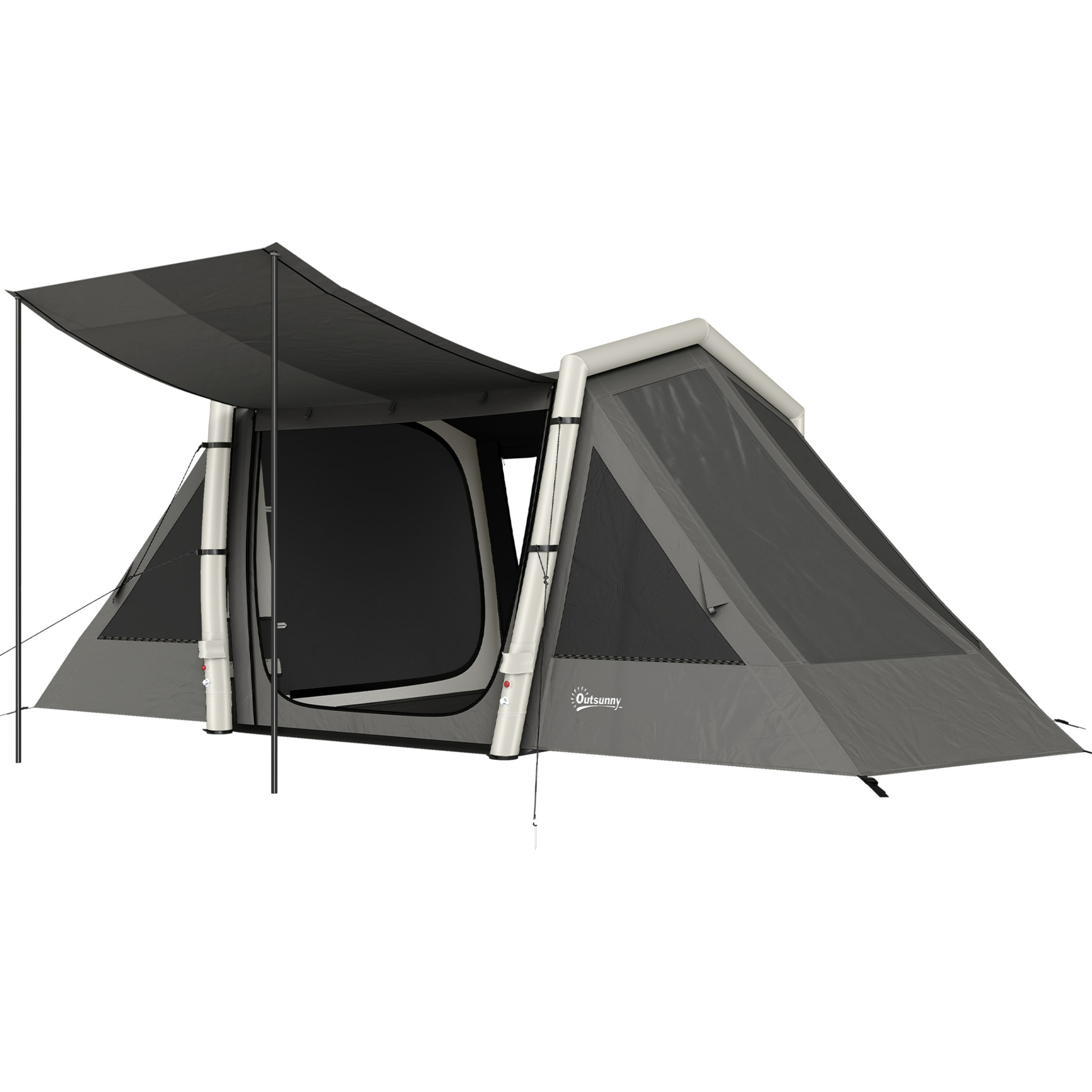 Tente gonflable camping 4 personnes 3 pièces auvent imperméabilité 3000mm gris