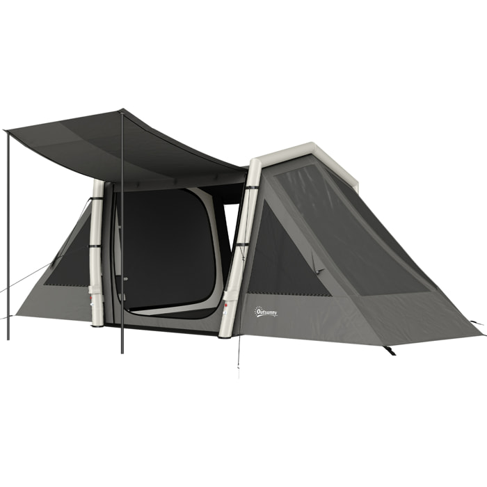 Tente gonflable camping 4 personnes 3 pièces auvent imperméabilité 3000mm gris
