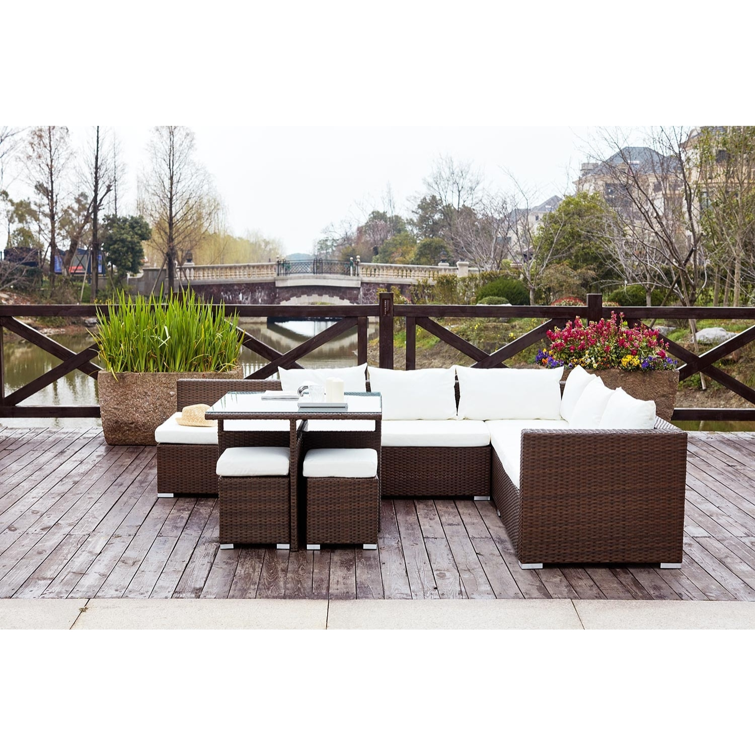 Salon de jardin encastrable 10 places en résine marron-blanc HAWAI