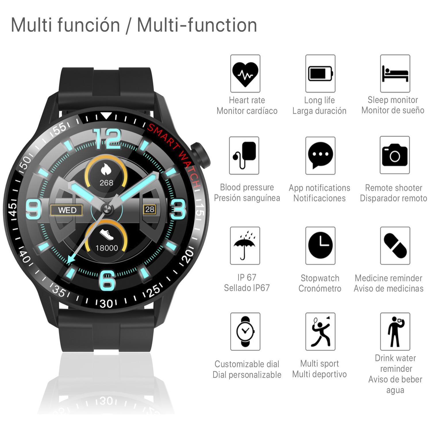 Smartwatch B30 con modalità multisport, cardiofrequenzimetro e sfigmomanometro, notifiche.