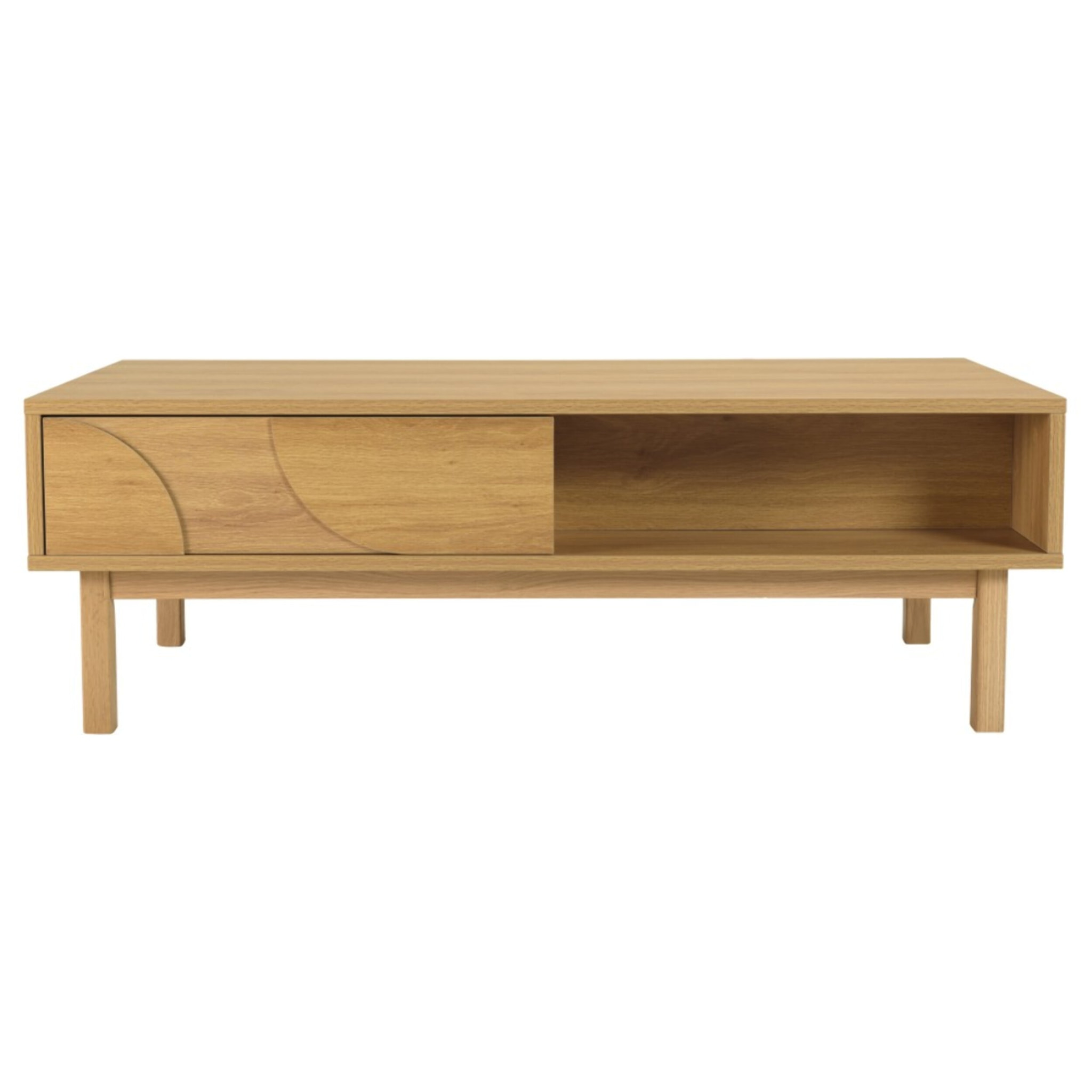 ETHAN - Table basse couleur naturelle 2 tiroirs 2 niches décor motif arrondi