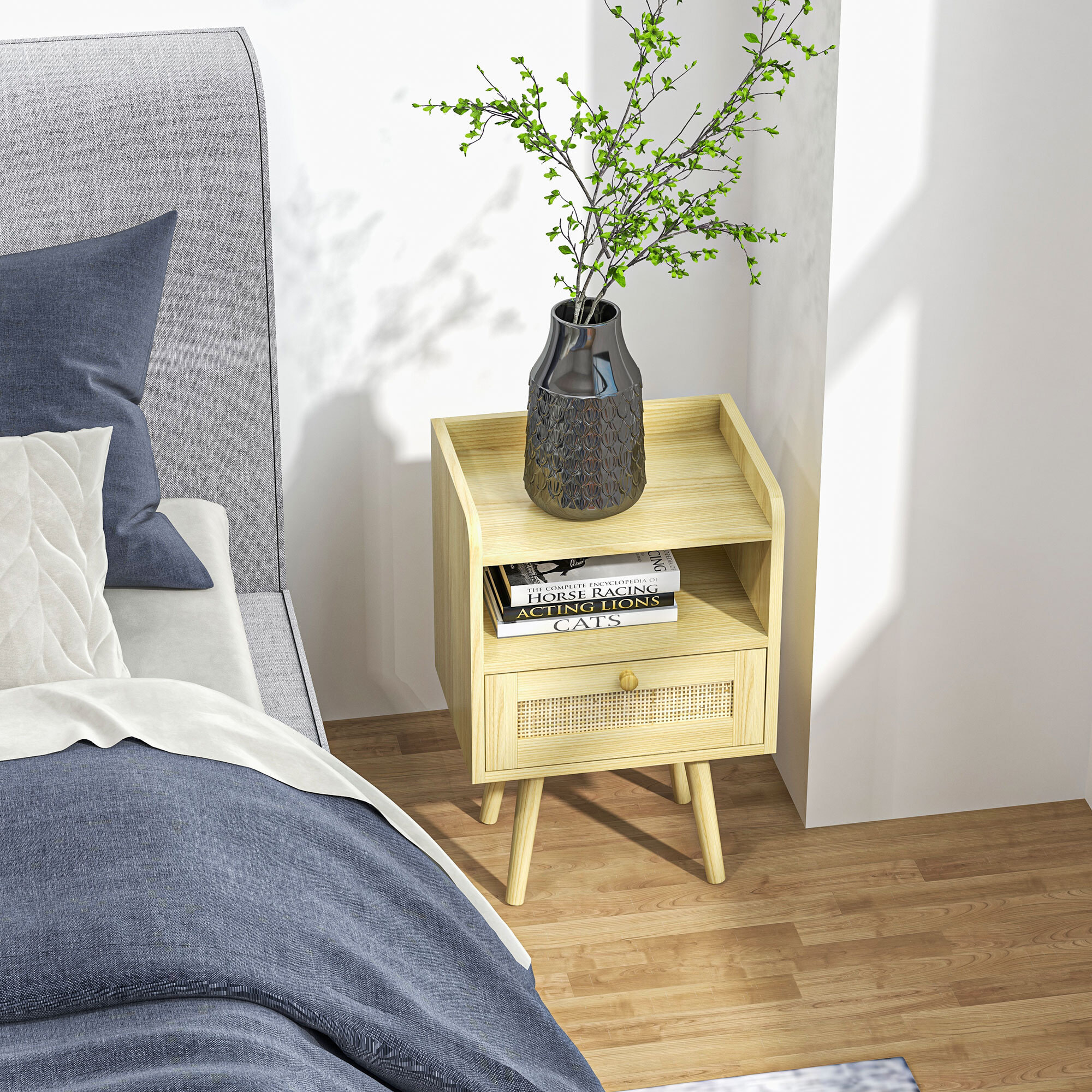 Lot de 2 chevets tables de nuit style bohème cannage - tiroir, niche - bois de pin effet bois clair