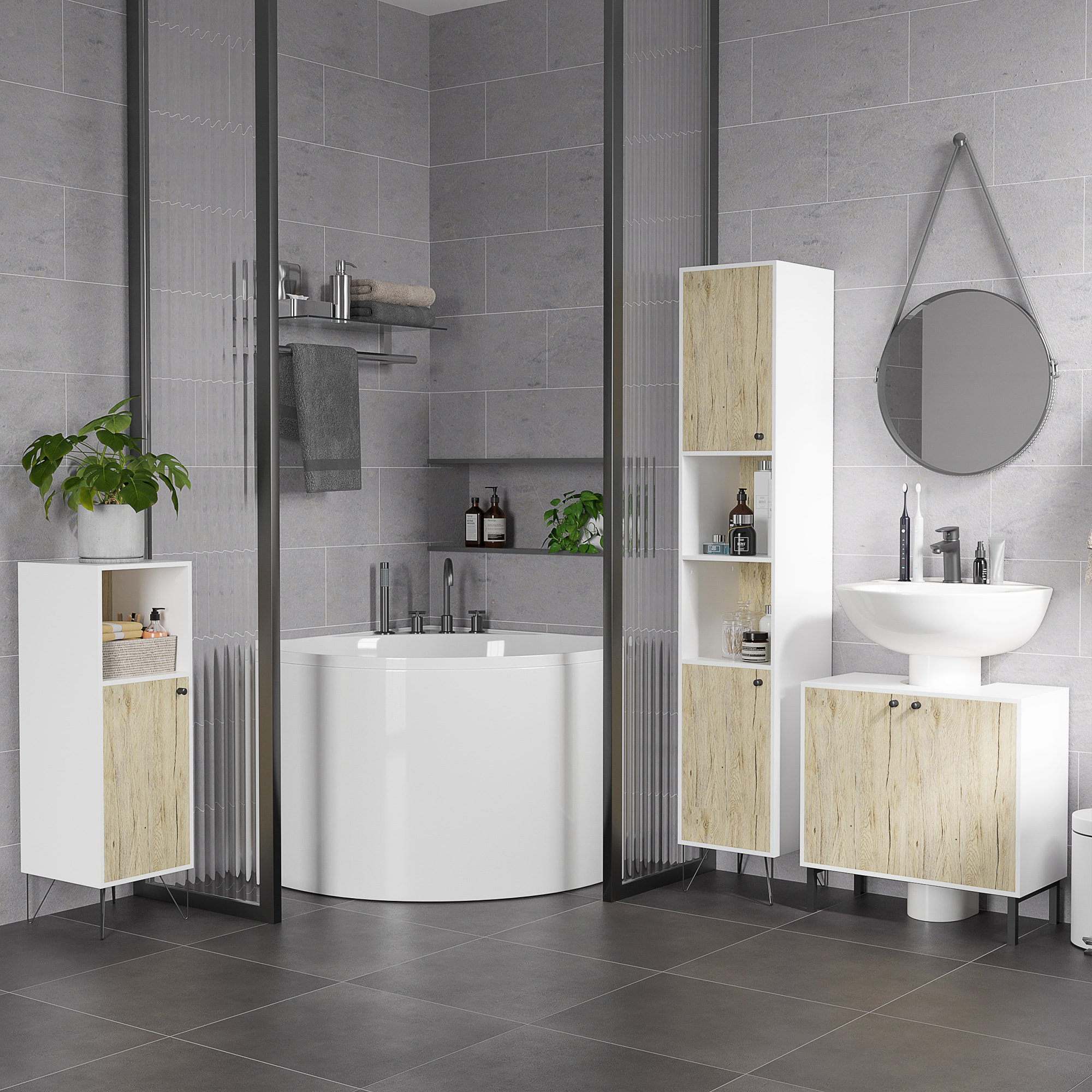 Meuble colonne rangement salle de bain style cosy 2 niches 2 portes avec étagère piètement épingle acier noir blanc aspect chêne clair