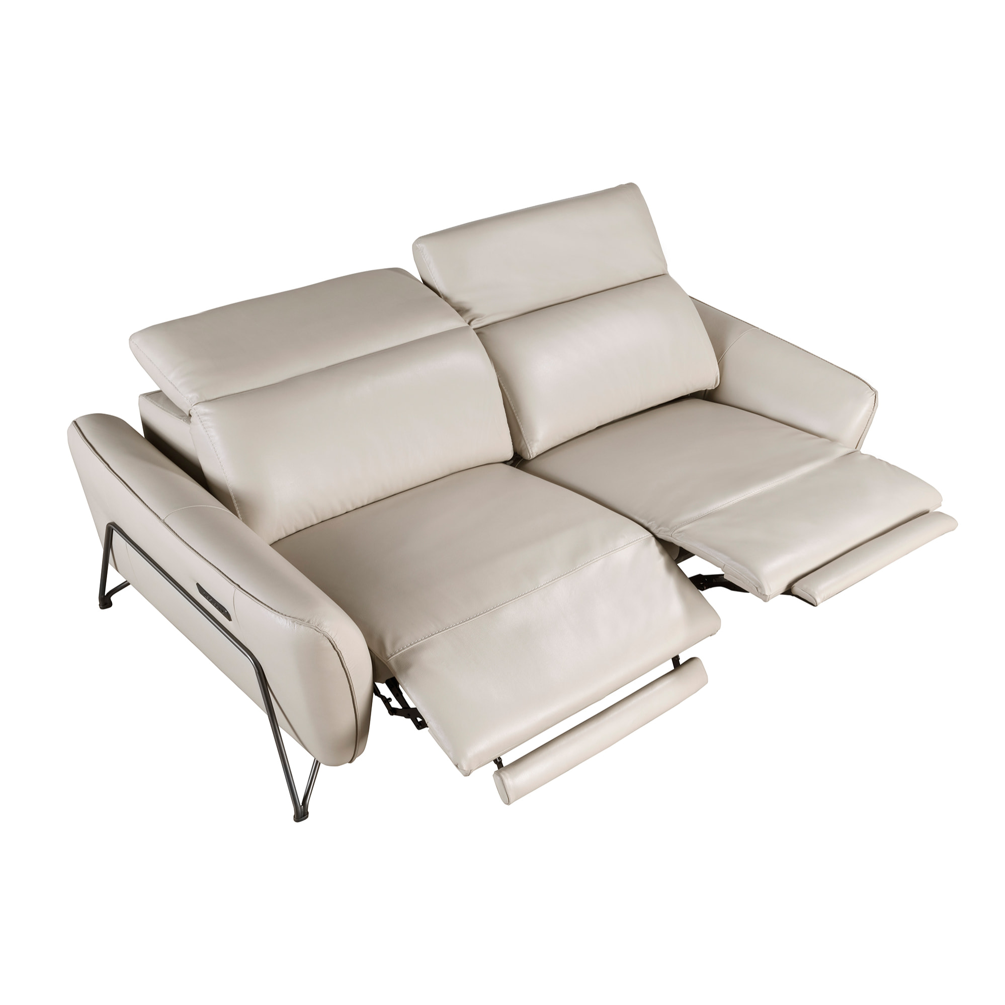 Sofá relax de 3 plazas tapizado en piel de origen vacuno en arena con reposacabezas patas de acero inoxidable oscurecido 2 sistemas de relax eléctrico 213x111x104cm