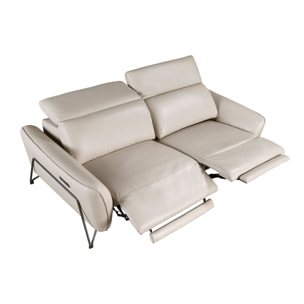 Sofá relax de 3 plazas tapizado en piel de origen vacuno en arena con reposacabezas patas de acero inoxidable oscurecido 2 sistemas de relax eléctrico 213x111x104cm