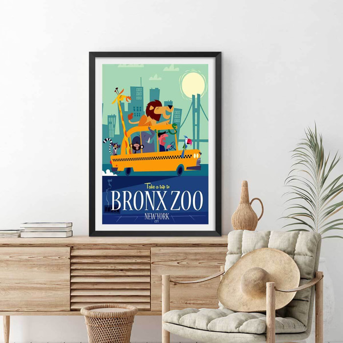 Poster retro bronx zoo Affiche + cadre en bois - Noir