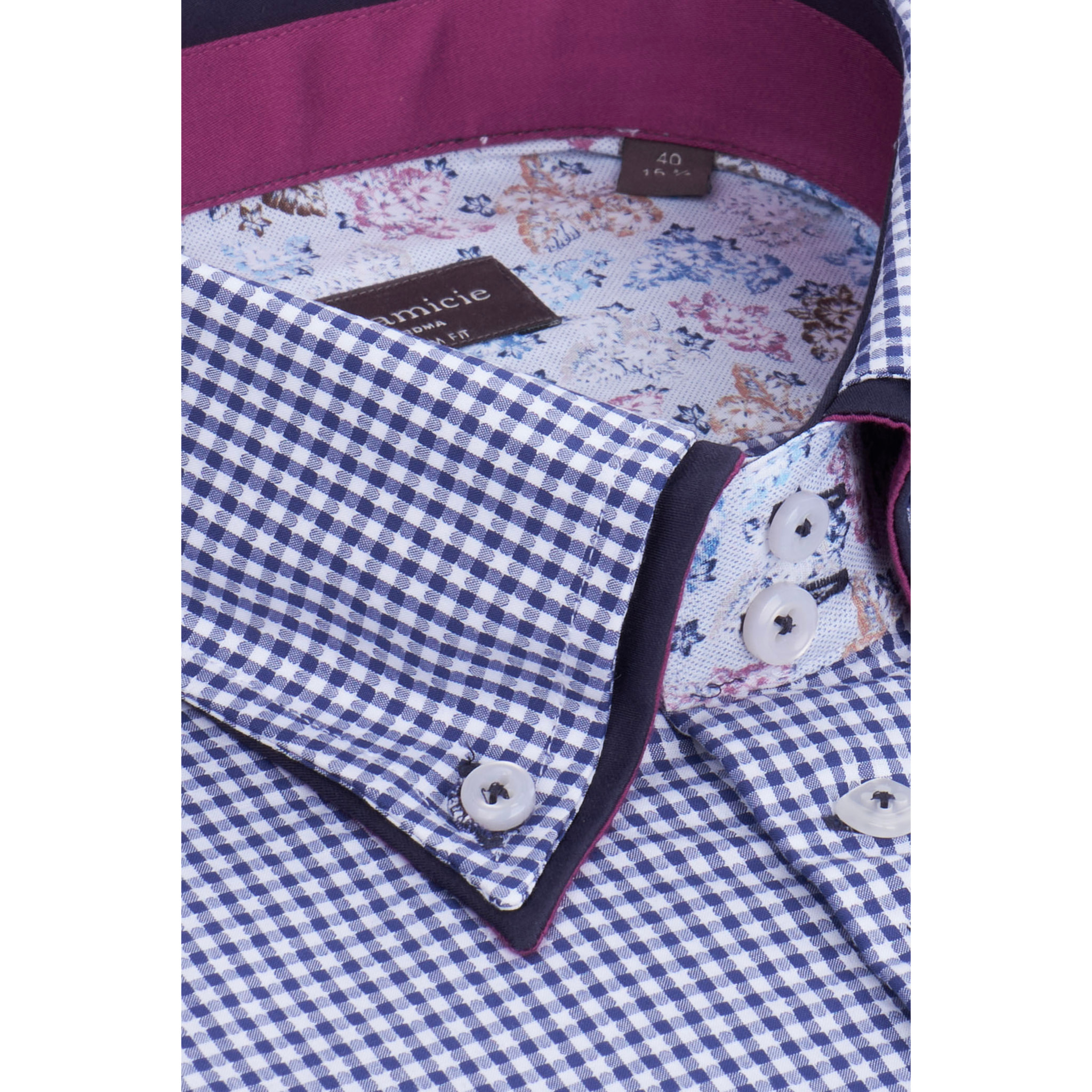 Camicia Uomo 2 Bottoni Button Down 7bottoni Doppio Coll Cotone Fantasia Blu\Bianco