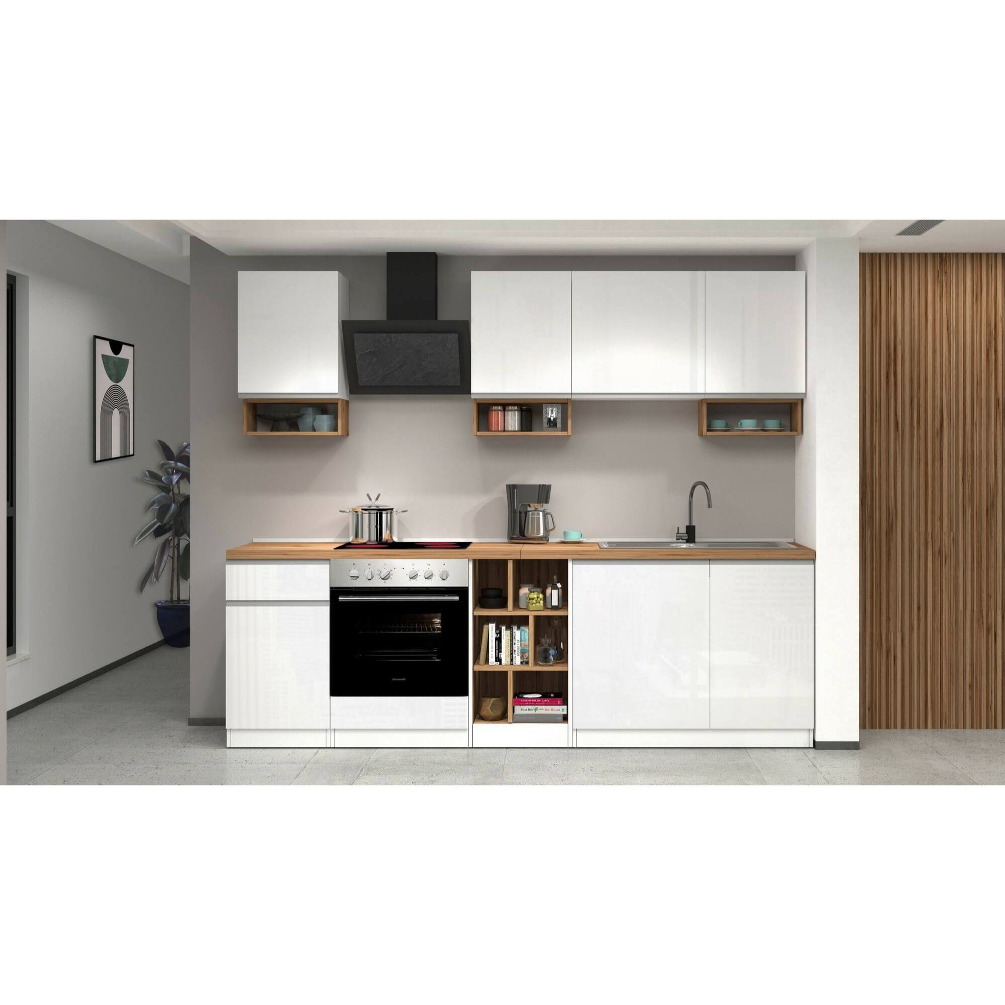 Cucina completa Dcelient, Cucina pratica e salvaspazio, Parete da cucina con 7 ante e 1 cassetto, 100% Made in Italy, 255x60h85 cm, Bianco lucido e Rovere