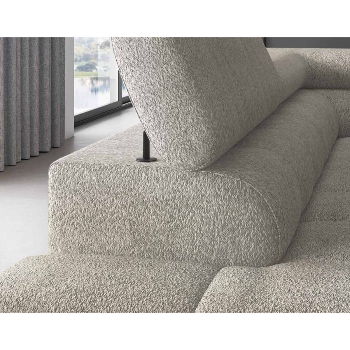 Elisa - canapé d'angle gauche 5 places convertible avec coffre et têtières réglables en tissu bouclette - Taupe