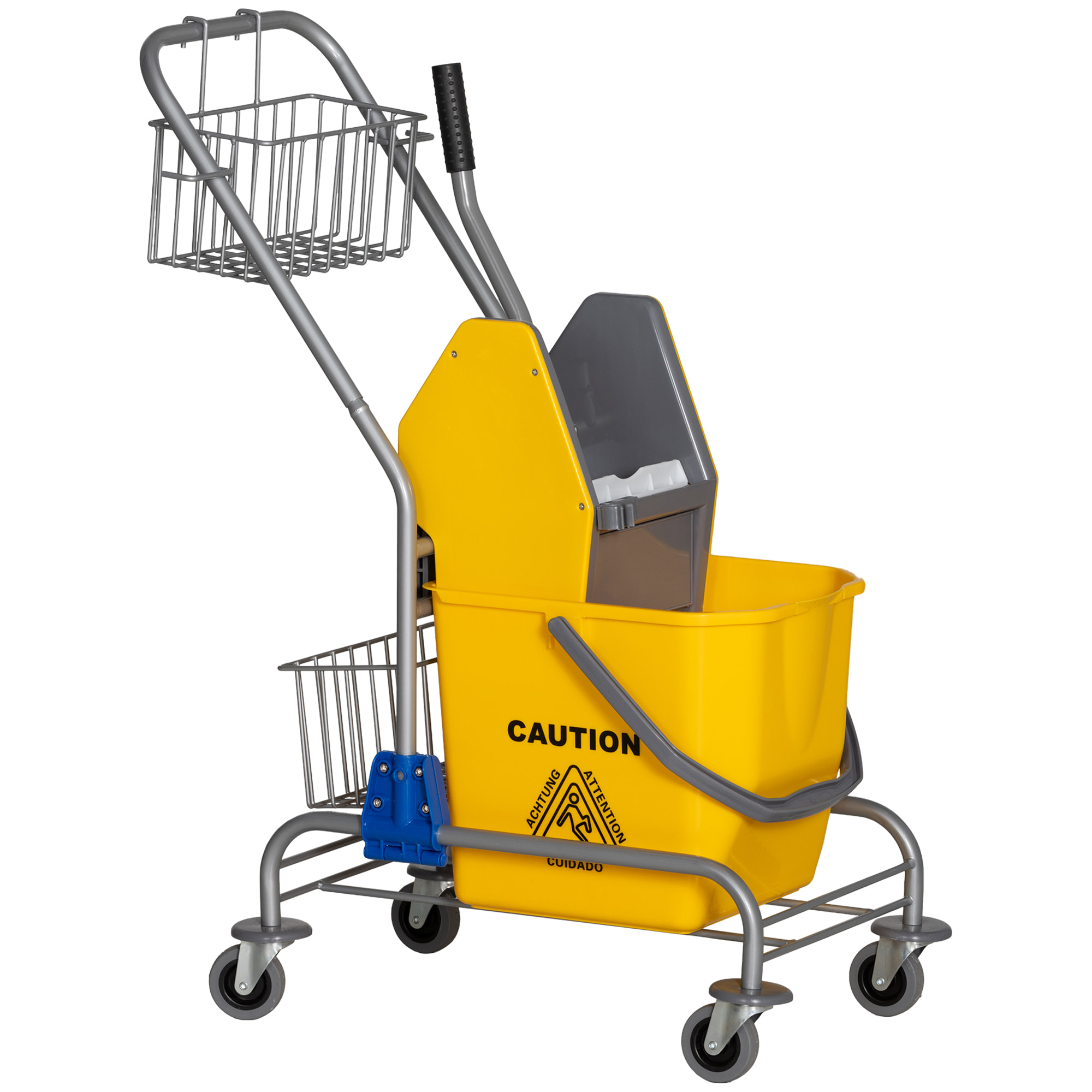 Chariot de lavage chariot de nettoyage professionnel en acier presse à mâchoire seau + rangements jaune