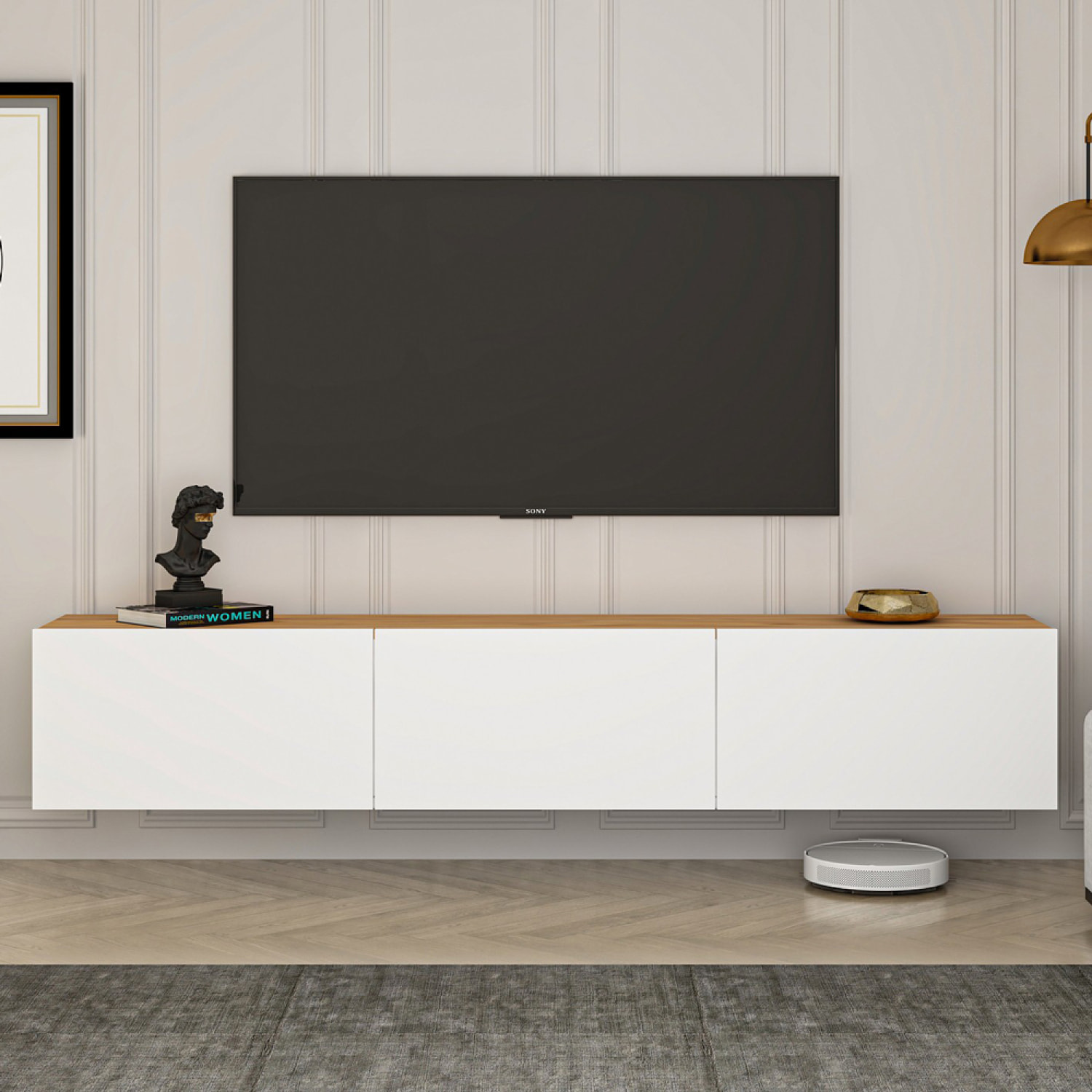 NEVADA Meuble TV suspendu avec placards 150cm blanc et bois