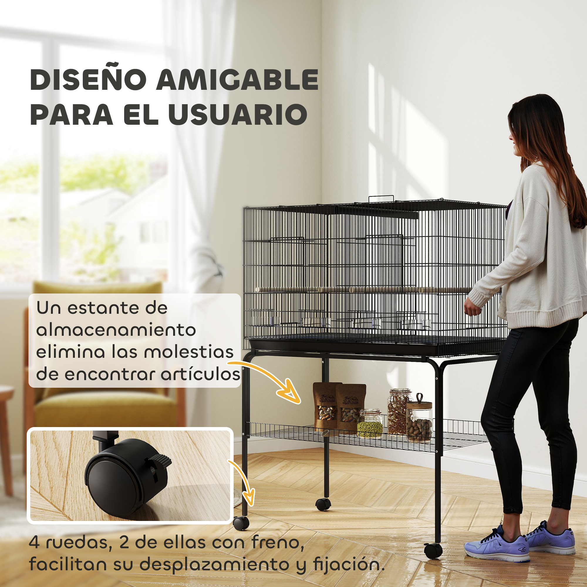 Jaula para Pájaros con Divisor Jaula con Ruedas para Mascota Aves Loros Canarios Pajarera con Comederos Perchas y Bandeja Extraíble 94x57x128 cm Negro