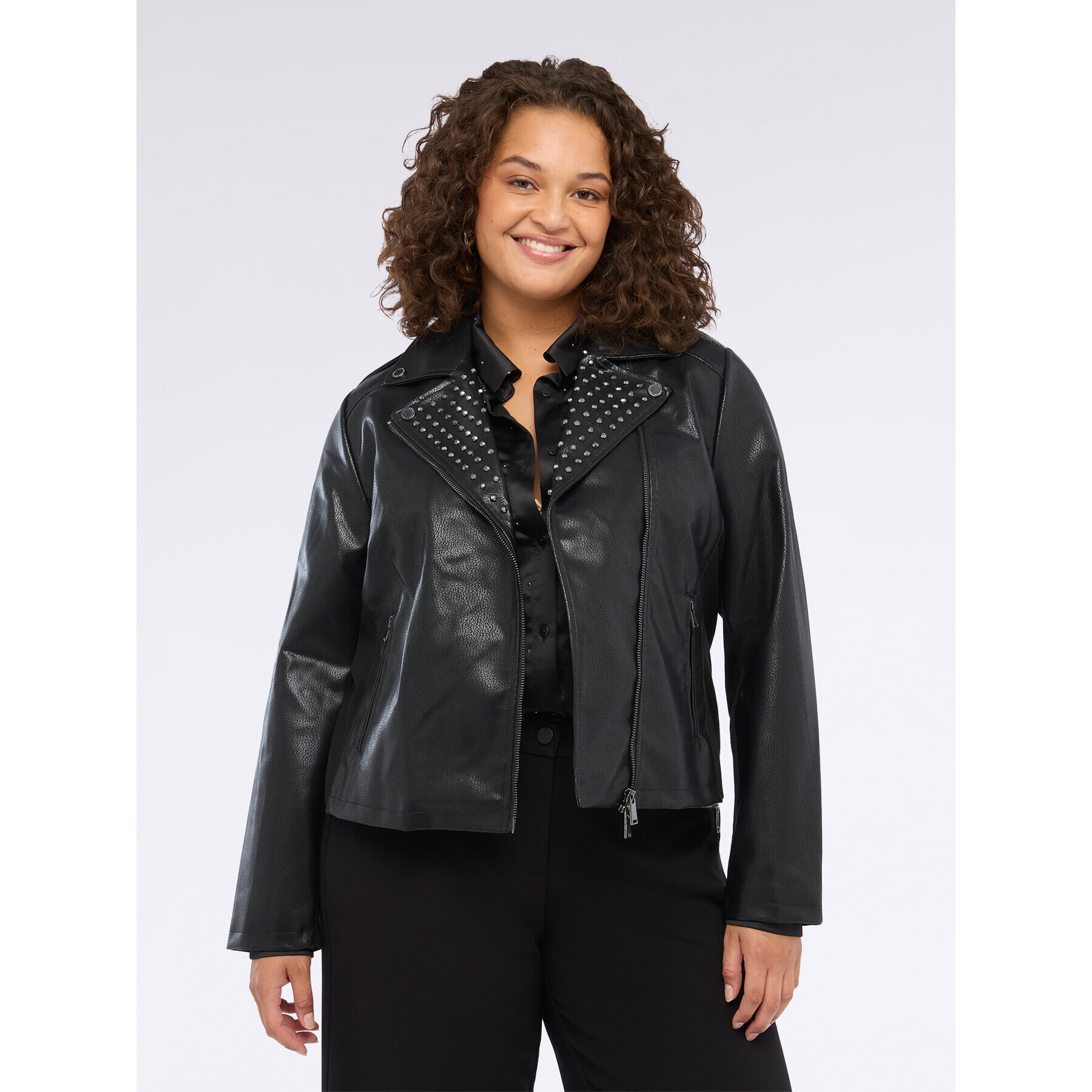 Fiorella Rubino - Chaqueta biker con tachuelas y cremallera asimétrica - Negro