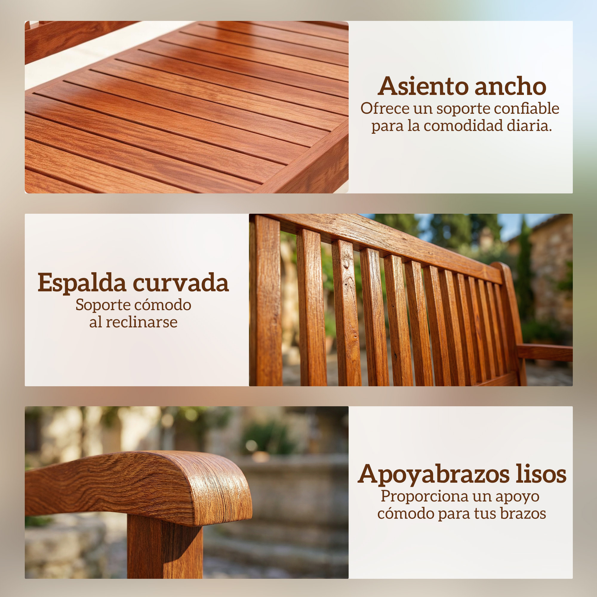 Banco de Jardín de Madera, Banco de Exterior de 2 Plazas con Funda Impermeable, Respaldo Ergonómico, Reposabrazos, Carga 240 kg, para Patio, Terraza, 125x62x90 cm, Marrón Claro