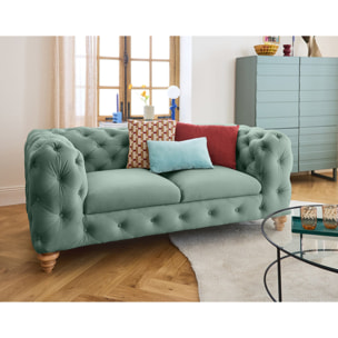 Walter - canapé 2 places chesterfield en velours - pieds bois - Bleu