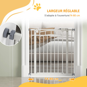 Barrière de sécurité pour chien extensible 74-80 cm, double verrouillage, fermeture automatique, barrière d'escalier à fixation par pression sans percer, hauteur 76 cm, blanc