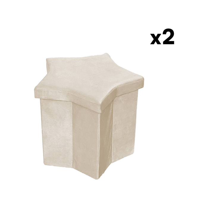 Lot de 2 tabourets-coffre pliables pour enfant avec assise en velours beige et en forme d'étoile