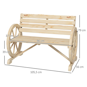 Banc de jardin 3 places accoudoirs Roues Charette en bois naturel