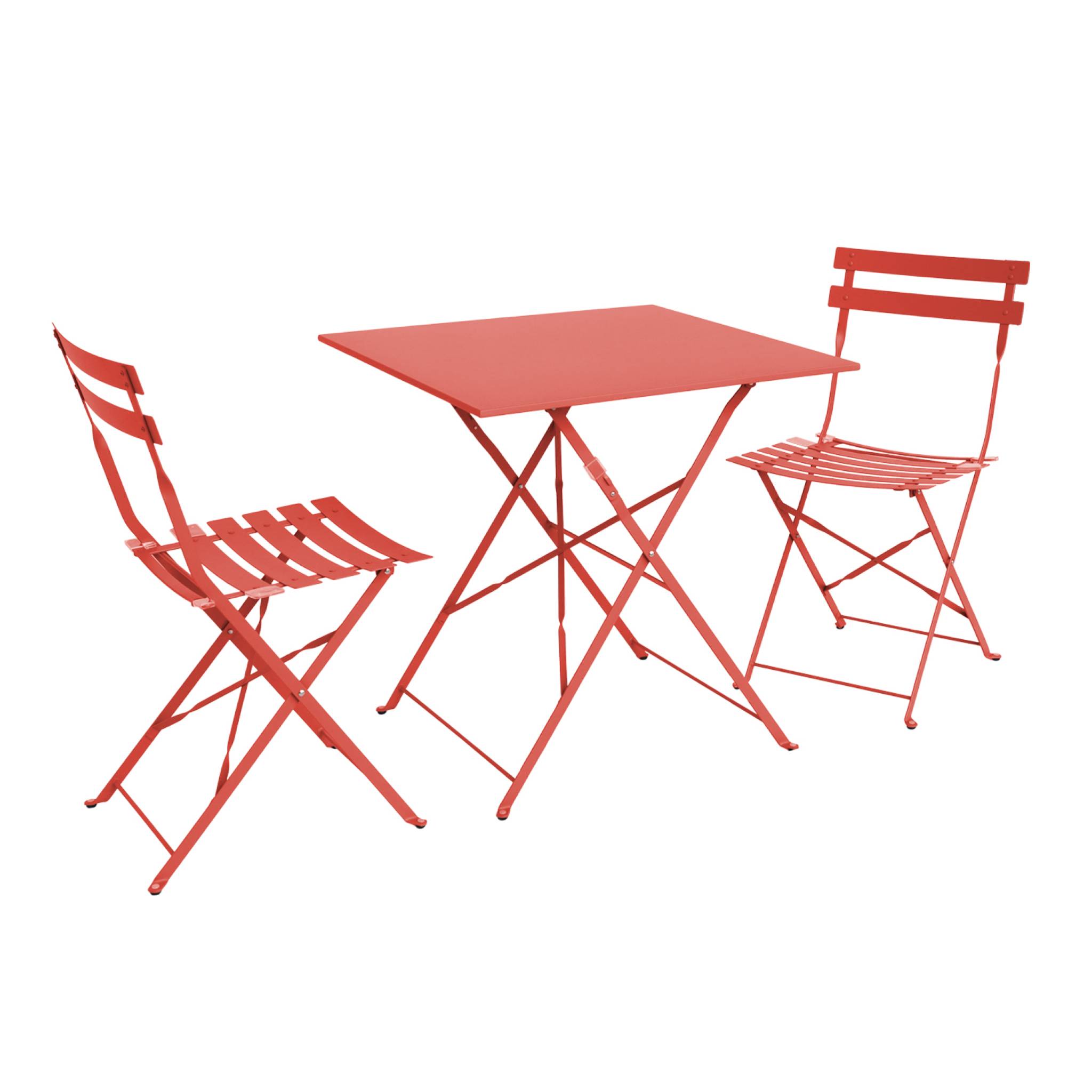 Table de jardin bistrot pliante métal + 2 assises terracotta 70 x 70cm. acier thermolaqué
