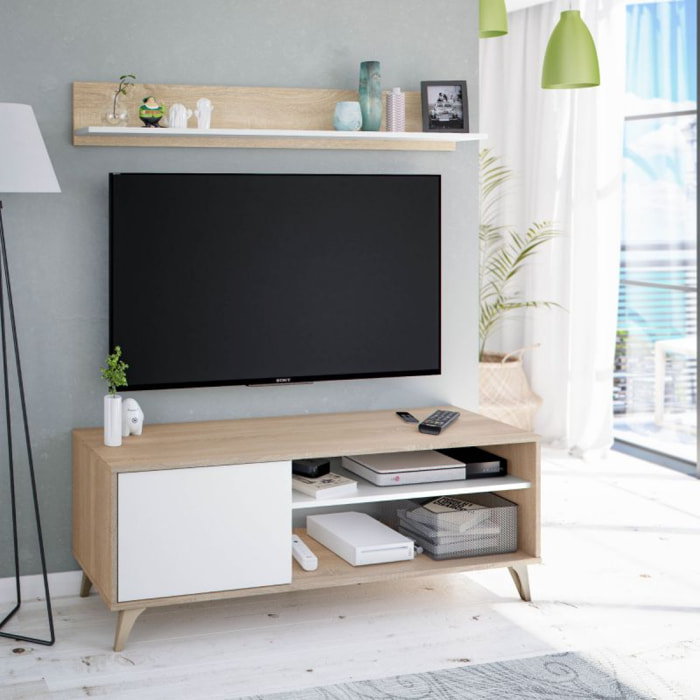 Mueble TV con estante Kikua Plus Blanco Artik (Blanco Mate) - Roble Canadian