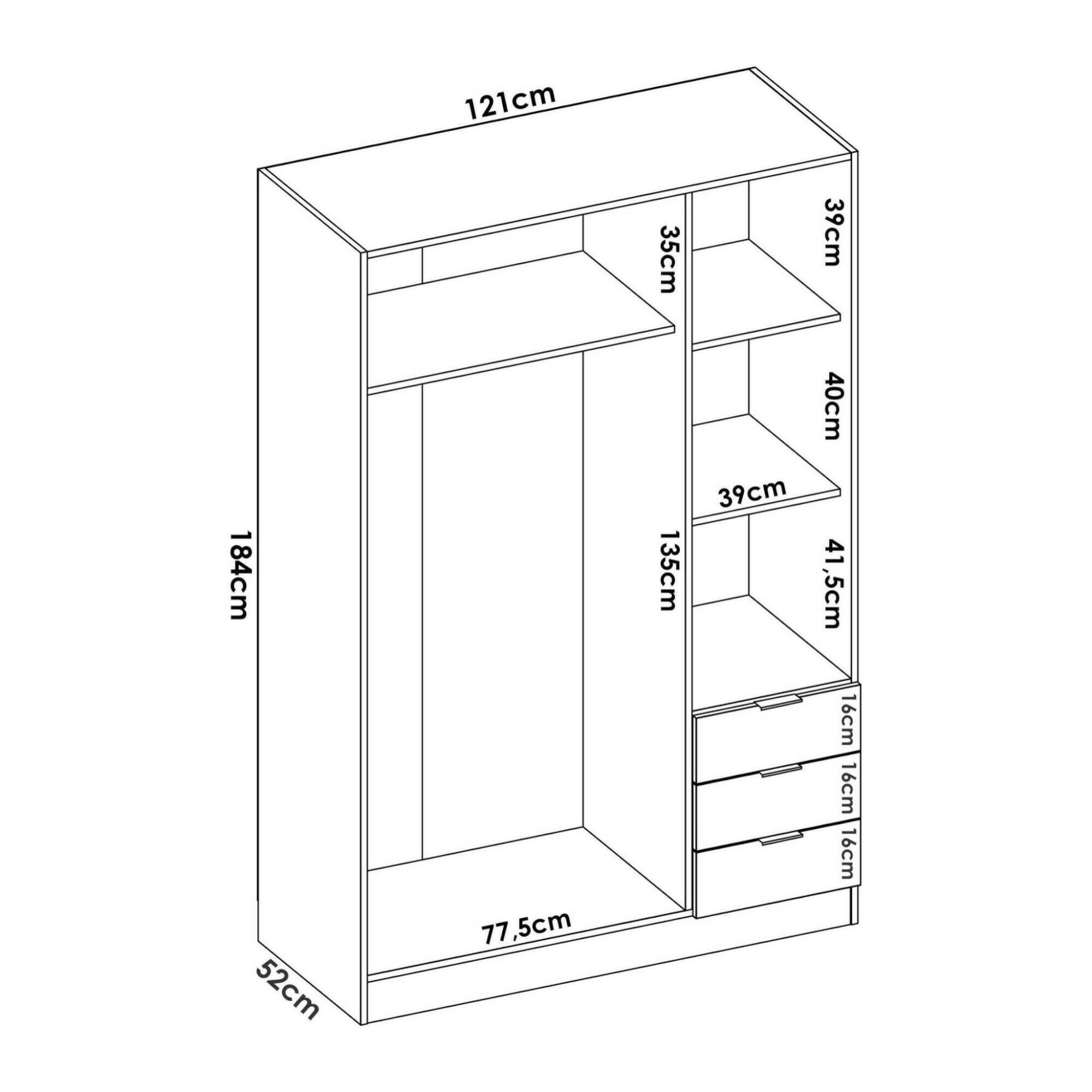 Guardaroba Cimone, Mobile appendiabiti per camera da letto, Armadio a 3 ante battenti e 3 cassetti, 121x52h184 cm, Bianco e Rovere