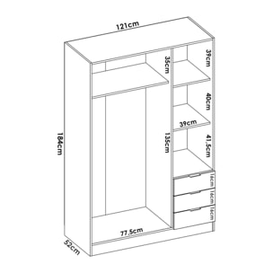 Guardaroba Cimone, Mobile appendiabiti per camera da letto, Armadio a 3 ante battenti e 3 cassetti, 121x52h184 cm, Bianco e Rovere