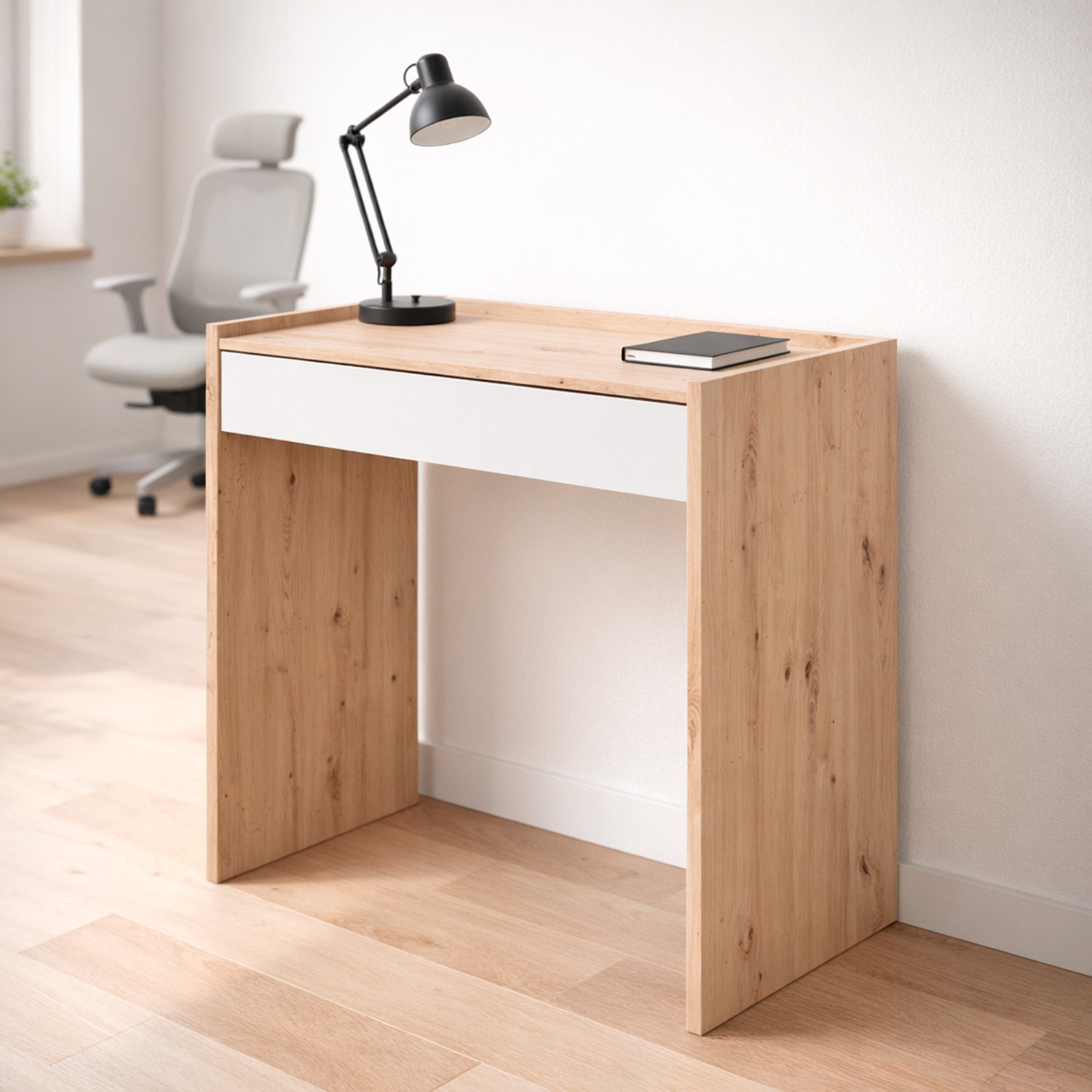 Scrivania Con Cassetto Tavolo Studio Ufficio Moderno Mobile Desk Struttura Salvaspazio Home Office Cameretta e Studio 81.5x40x77 Cm Bianco e Rovere