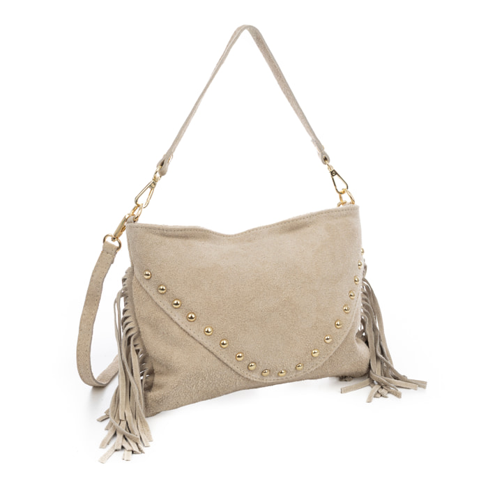 Bellegra Bolso de hombro Mujer. Piel auténtica Gamuza con detalles metálicos.