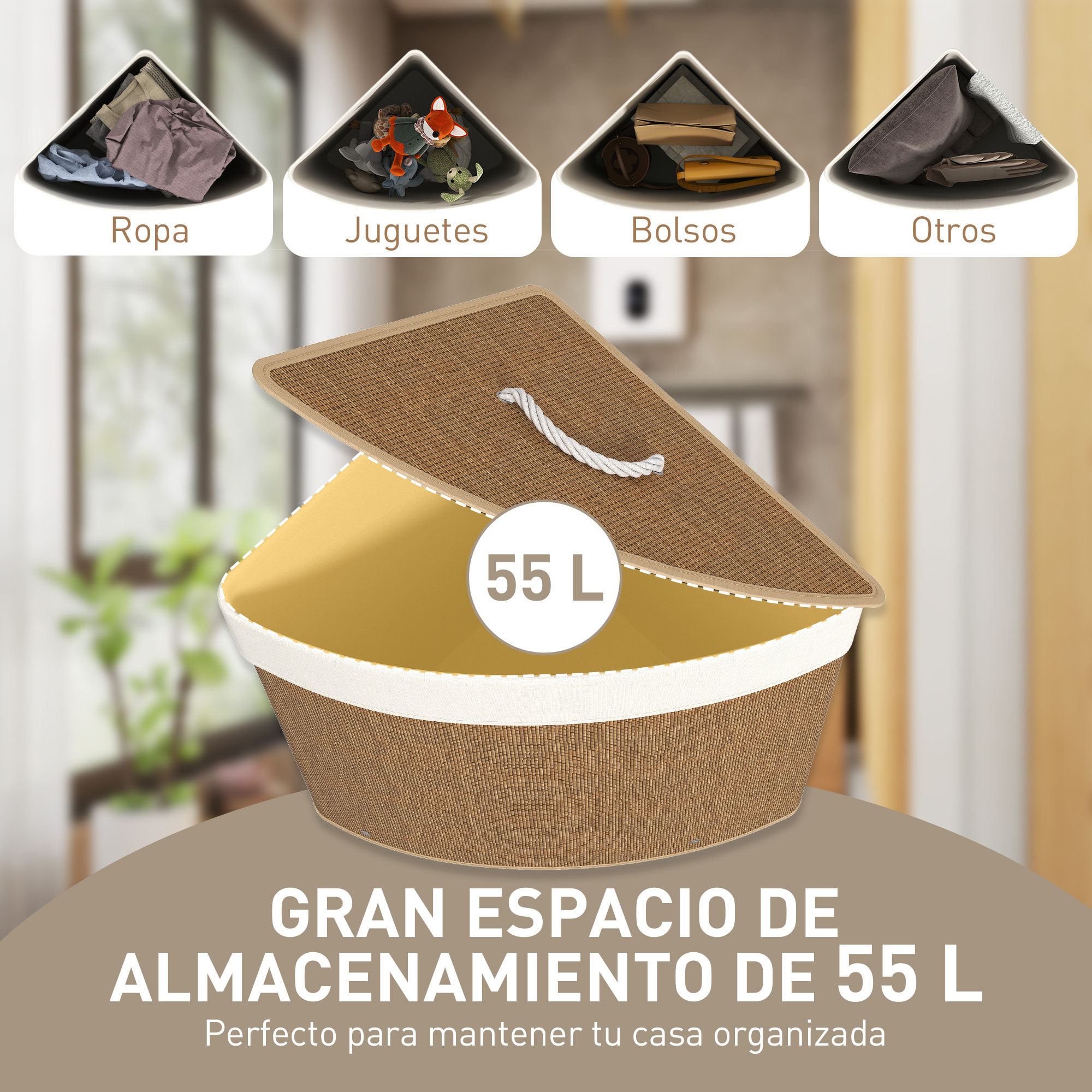 Cesto Ropa Sucia de Bambú para Esquina de 55L con Tapa y Asa, Cubo Ropa Sucia con Bolsa Extraíble y Lavable para Baño, Dormitorio, 35x35x60 cm, Marrón