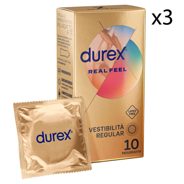 3x Preservativi Durex Real Feel con Forma Easy On Senza Lattice - 3 Confezioni da 10 Profilattici
