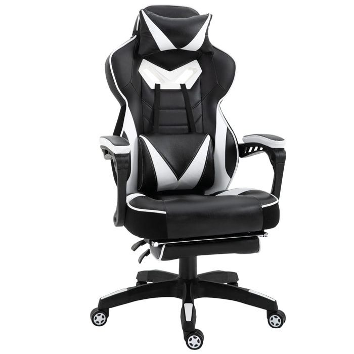 Vinsetto Fauteuil de bureau gamer style baquet racing - pivotant, inclinable - coussin lombaire, tétière, repose-pieds inclus - revêtement synthétique blanc noir