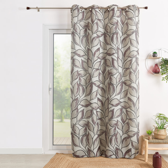 Rideau poly-lin imprimé feuilles aquarelle - Prune